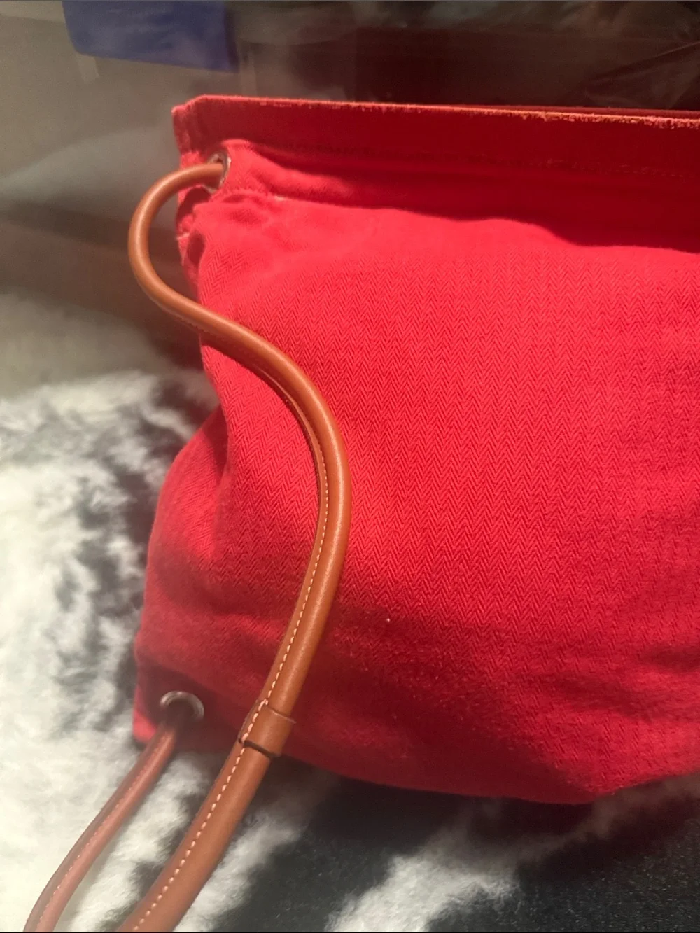 Hermes Red Canvas Drawstring Backpack with Brown Leather Straps